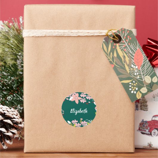 緑(ピンクの花パーソナライズされた) ラウンドシール (クリスマス)
