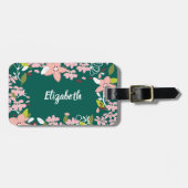 緑(ピンクの花パーソナライズされた) ラゲッジタグ (正面横)