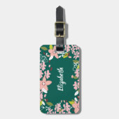 緑(ピンクの花パーソナライズされた) ラゲッジタグ (正面縦)