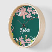 緑(ピンクの花パーソナライズされた) 壁時計 (傾斜)