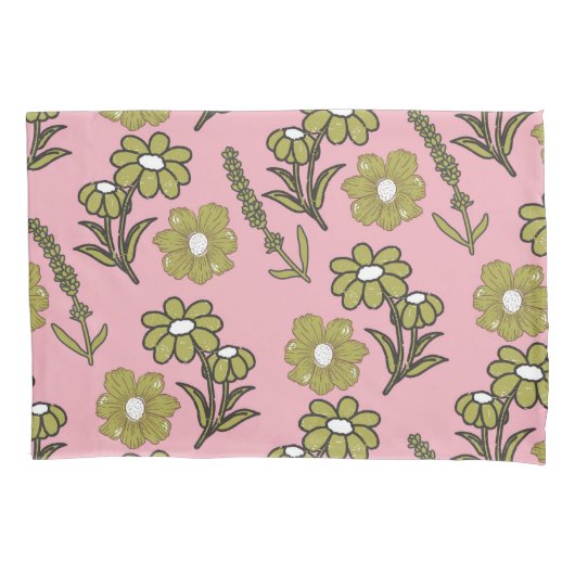 緑 ピンク レトロ Y2K ファンキー ヒッピーフラワーパターン 枕カバー (正面)