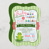 緑、ピンク、白のカエルのテーマ赤ちゃんシャワー 招待状 (正面/裏面)