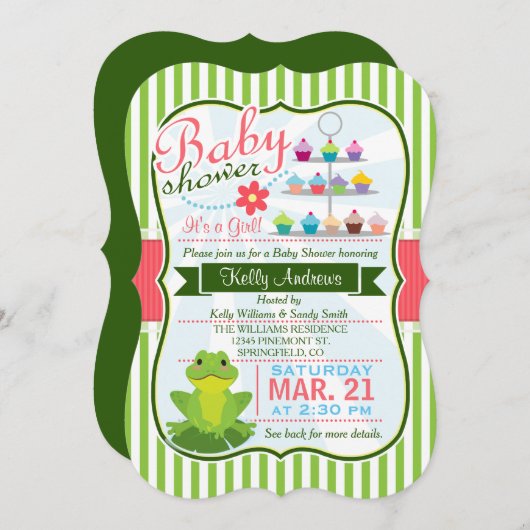 緑、ピンク、白のカエルのテーマ赤ちゃんシャワー 招待状 (正面/裏面)