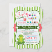 緑、ピンク、白のカエルのテーマ赤ちゃんシャワー 招待状 (正面)