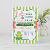 緑、ピンク、白のカエルのテーマ赤ちゃんシャワー 招待状 (スタンド正面)