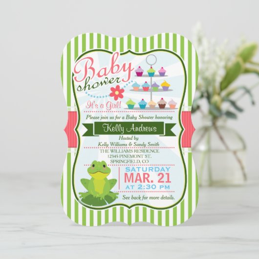 緑、ピンク、白のカエルのテーマ赤ちゃんシャワー 招待状 (スタンド正面)