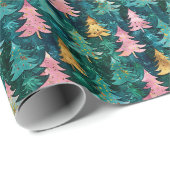 緑、ピンク、金ゴールドの森の木のパターン ラッピングペーパー (ロールコーナー)
