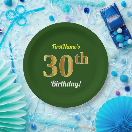 緑、フェイクな金ゴールドの第30誕生日 + 名前をカスタムする ペーパープレート (パーティー)