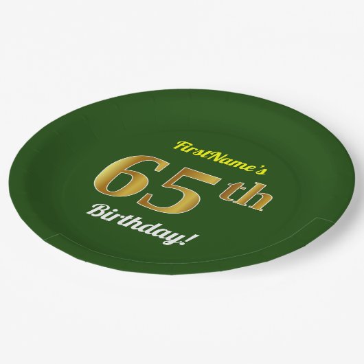 緑、フェイクな金ゴールドの第65誕生日 + 名前をカスタムする ペーパープレート (アングル)