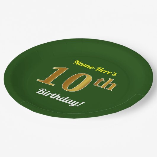 緑、フェイク金ゴールド10誕生日+名前をカスタムする ペーパープレート (アングル)