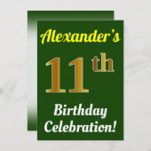 緑、フェイク金ゴールド11番目の誕生祝い+名前 招待状 (正面/裏面)