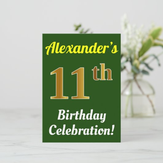 緑、フェイク金ゴールド11番目の誕生祝い+名前 招待状 (スタンド正面)