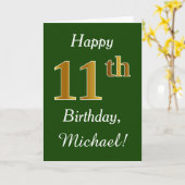 緑、フェイク金ゴールド11誕生日+名前をカスタムする カード (黄色い花)