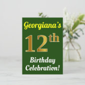 緑、フェイク金ゴールド12番目の誕生祝い+名前 招待状 (スタンド正面)