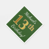 緑、フェイク金ゴールド13番目の誕生日+名前をカスタムする スタンダードランチョンナプキン (角)