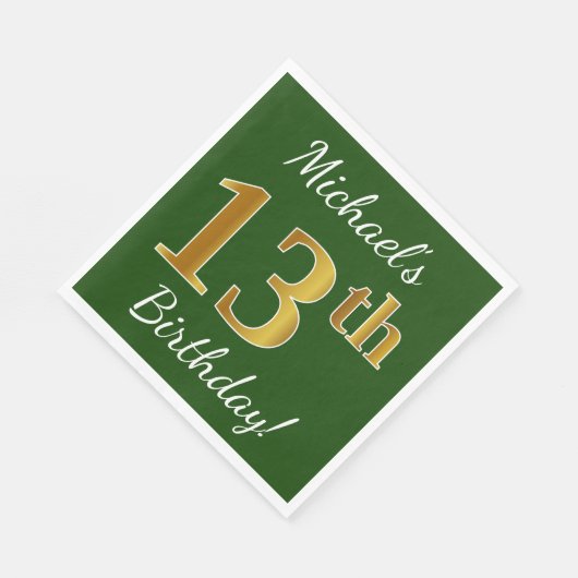 緑、フェイク金ゴールド13番目の誕生日+名前をカスタムする スタンダードランチョンナプキン (角)