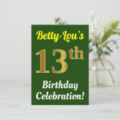 緑、フェイク金ゴールド13番目の誕生祝い+名前 招待状 (スタンド正面)