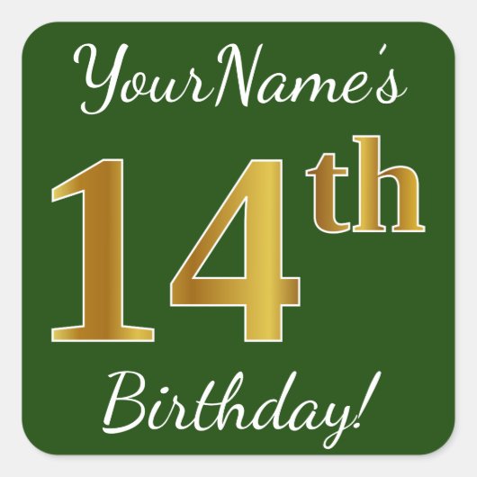 緑、フェイク金ゴールド14番目の誕生日+名前をカスタムする スクエアシール (正面)