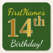 緑、フェイク金ゴールド14番目の誕生日+名前をカスタムする スクエアペーパーコースター (正面)