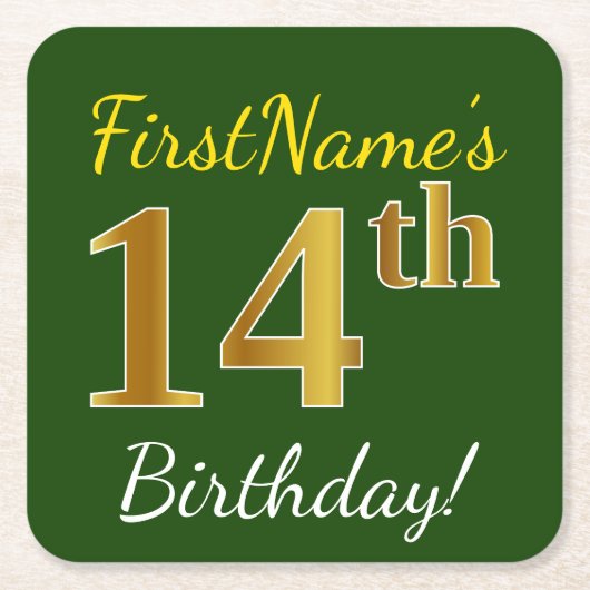 緑、フェイク金ゴールド14番目の誕生日+名前をカスタムする スクエアペーパーコースター (正面)