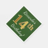 緑、フェイク金ゴールド14番目の誕生日+名前をカスタムする スタンダードランチョンナプキン (角)
