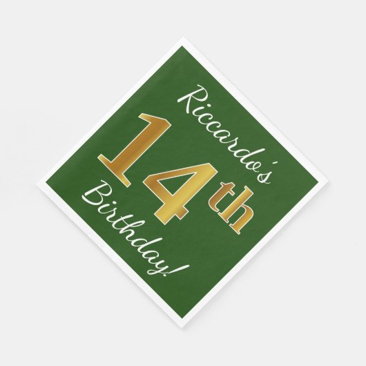緑、フェイク金ゴールド14番目の誕生日+名前をカスタムする スタンダードランチョンナプキン (角)
