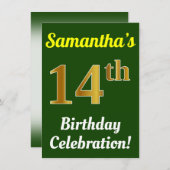 緑、フェイク金ゴールド14番目の誕生祝い+名前 招待状 (正面/裏面)