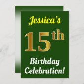 緑、フェイク金ゴールド15番目の誕生祝い+名前 招待状 (正面/裏面)