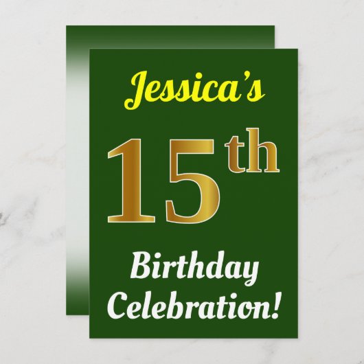 緑、フェイク金ゴールド15番目の誕生祝い+名前 招待状 (正面/裏面)