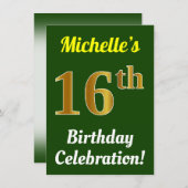 緑、フェイク金ゴールド16番目の誕生祝い+名前 招待状 (正面/裏面)
