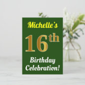 緑、フェイク金ゴールド16番目の誕生祝い+名前 招待状 (スタンド正面)