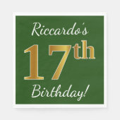 緑、フェイク金ゴールド17番目の誕生日+名前をカスタムする スタンダードランチョンナプキン (正面)
