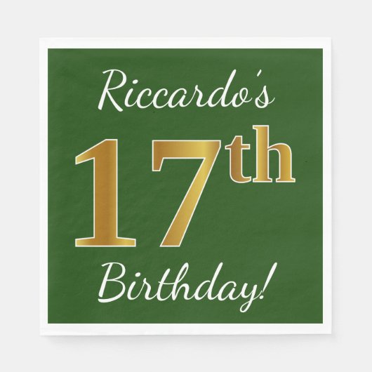 緑、フェイク金ゴールド17番目の誕生日+名前をカスタムする スタンダードランチョンナプキン (正面)
