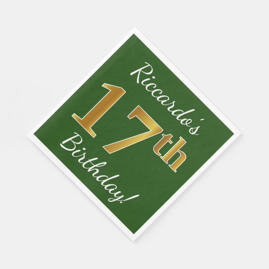 緑、フェイク金ゴールド17番目の誕生日+名前をカスタムする スタンダードランチョンナプキン (角)