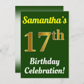 緑、フェイク金ゴールド17番目の誕生祝い+名前 招待状 (正面/裏面)