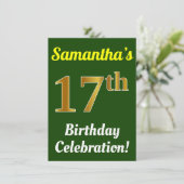 緑、フェイク金ゴールド17番目の誕生祝い+名前 招待状 (スタンド正面)