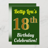 緑、フェイク金ゴールド18番目の誕生祝い+名前 招待状 (正面/裏面)