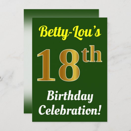 緑、フェイク金ゴールド18番目の誕生祝い+名前 招待状 (正面/裏面)