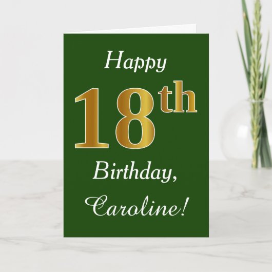 緑、フェイク金ゴールド18誕生日+名前をカスタムする カード (正面)