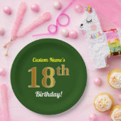 緑、フェイク金ゴールド18誕生日+名前をカスタムする ペーパープレート (パーティー)