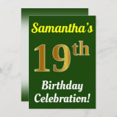 緑、フェイク金ゴールド19番目の誕生祝い+名前 招待状 (正面/裏面)