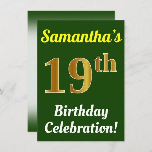緑、フェイク金ゴールド19番目の誕生祝い+名前 招待状 (正面/裏面)