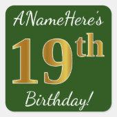 緑、フェイク金ゴールド19誕生日+名前をカスタムする スクエアシール (正面)