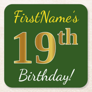 緑、フェイク金ゴールド19誕生日+名前をカスタムする スクエアペーパーコースター