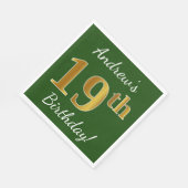 緑、フェイク金ゴールド19誕生日+名前をカスタムする スタンダードランチョンナプキン (角)