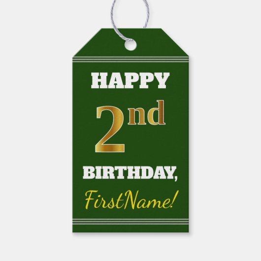 緑、フェイク金ゴールド2回目の誕生日+名前をカスタムする ギフトタグ (正面)