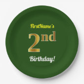 緑、フェイク金ゴールド2回目の誕生日+名前をカスタムする ペーパープレート (正面)