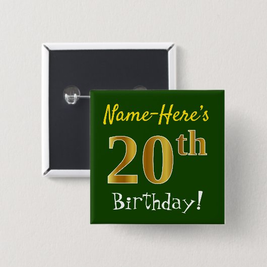 緑、フェイク金ゴールド20番目の誕生日、名前をカスタムする付き 缶バッジ (正面&裏面)