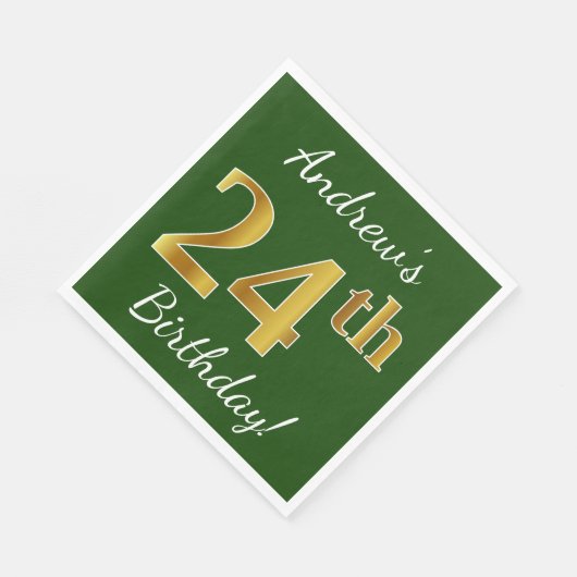 緑、フェイク金ゴールド24番目の誕生日+名前をカスタムする スタンダードランチョンナプキン (角)