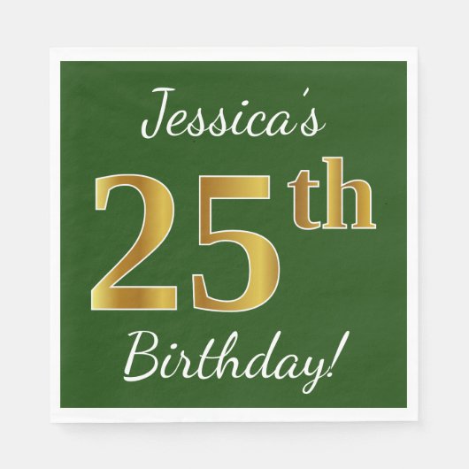 緑、フェイク金ゴールド25番目の誕生日+名前をカスタムする スタンダードランチョンナプキン (正面)